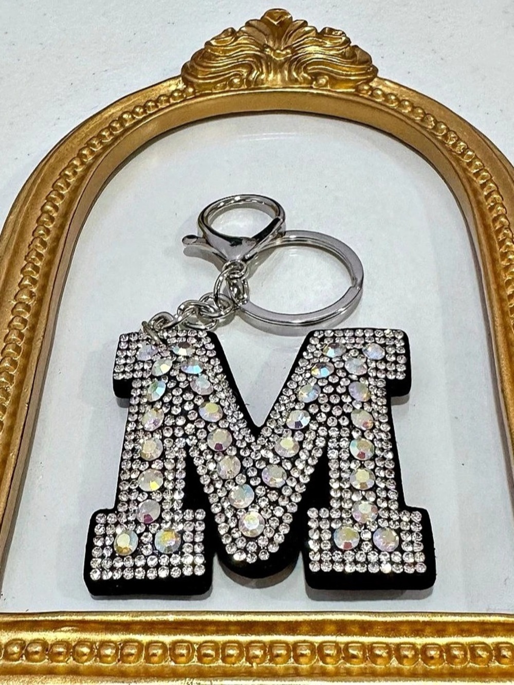New M Rhinestone Initial Keychain Black & Silver